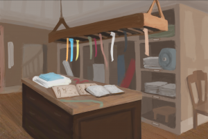 Ribbons, fabric, and sketches--perhaps some of Mr Mortimer's latest commissions?